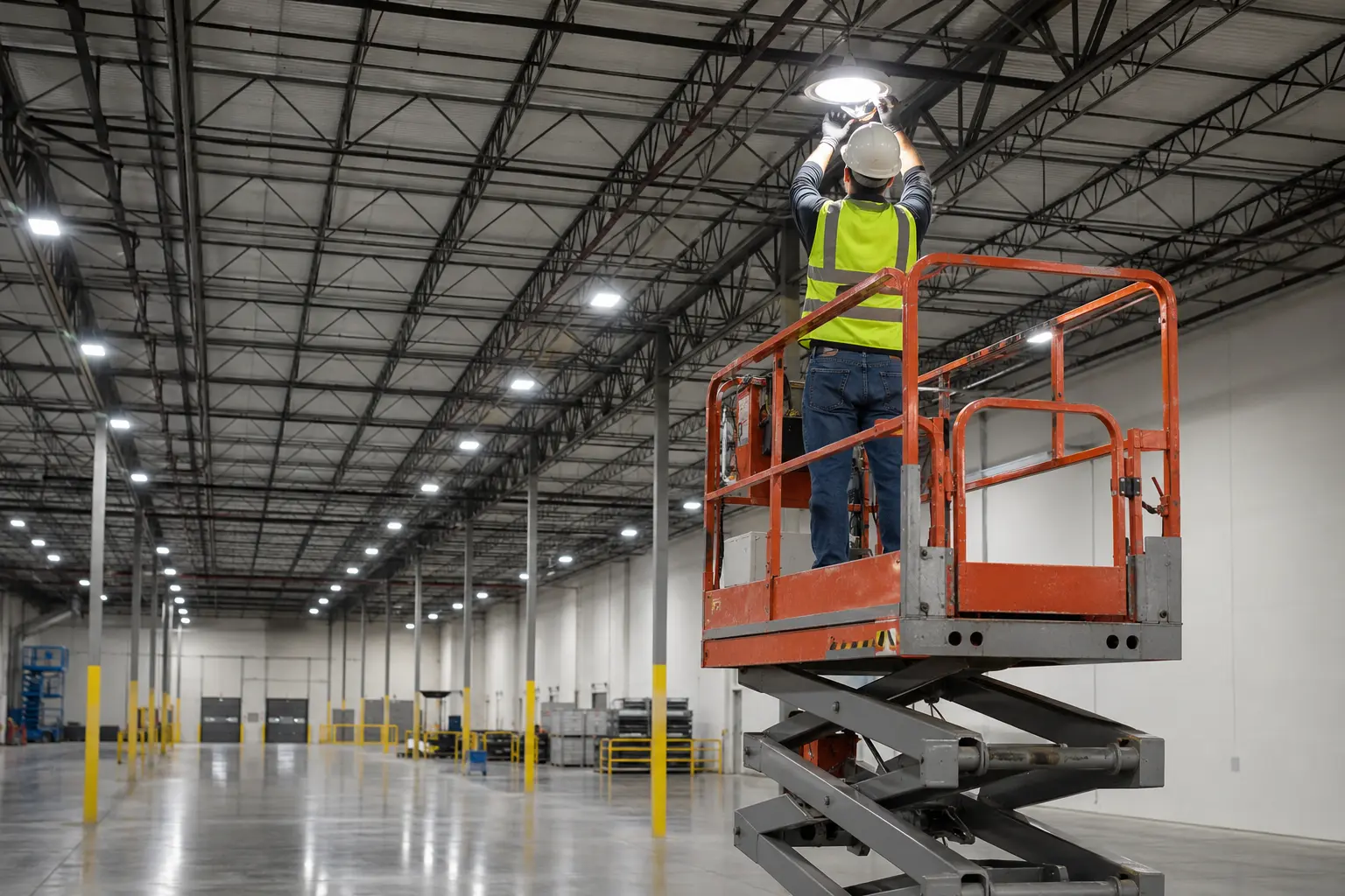 Commercial high-bay lighting maintenance from a scissor lift