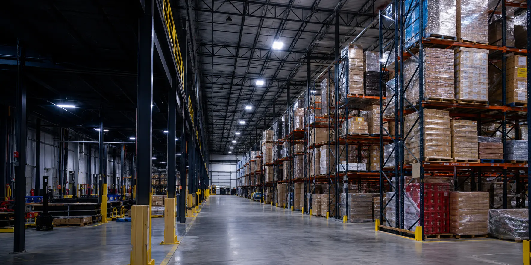 Warehouse with commercial LED high-bay lighting