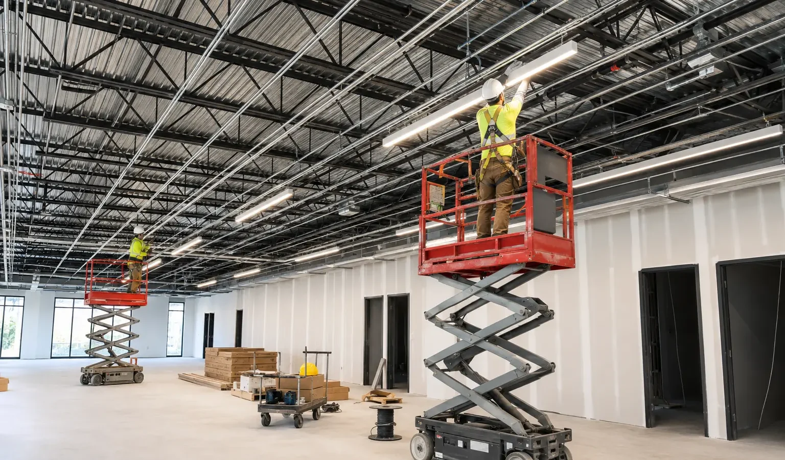 Commercial lighting installation in progress using controlled work platforms