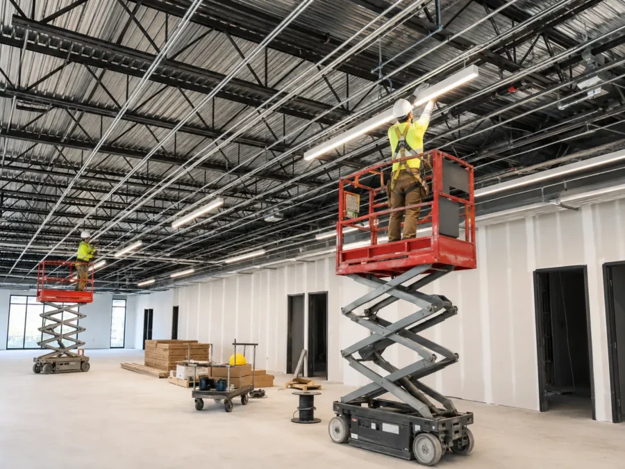 Commercial lighting installation in progress using controlled work platforms