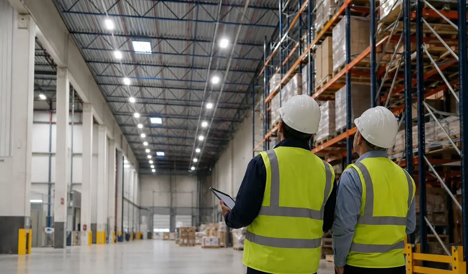 Facility manager and lighting professional reviewing warehouse lighting during a site assessment
