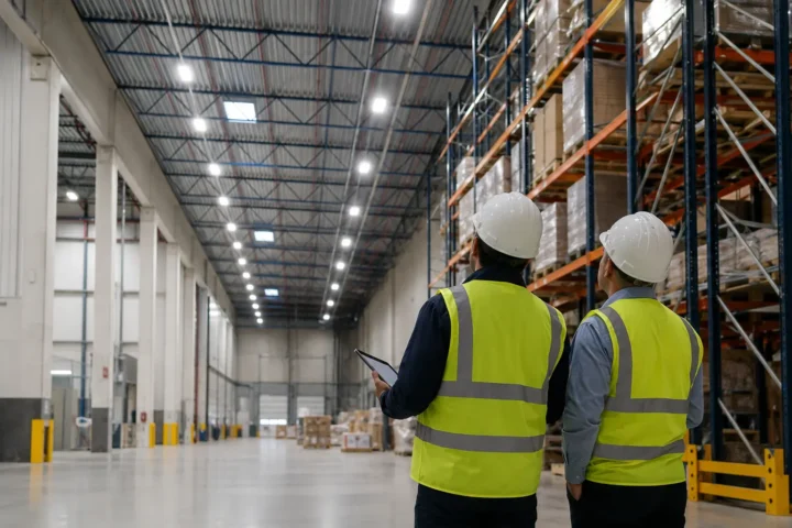 Facility manager and lighting professional reviewing warehouse lighting during a site assessment