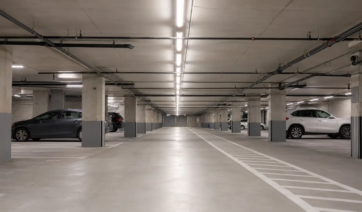 Underground condominium parking garage with continuous LED fixtures