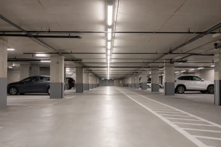 Underground condominium parking garage with continuous LED fixtures