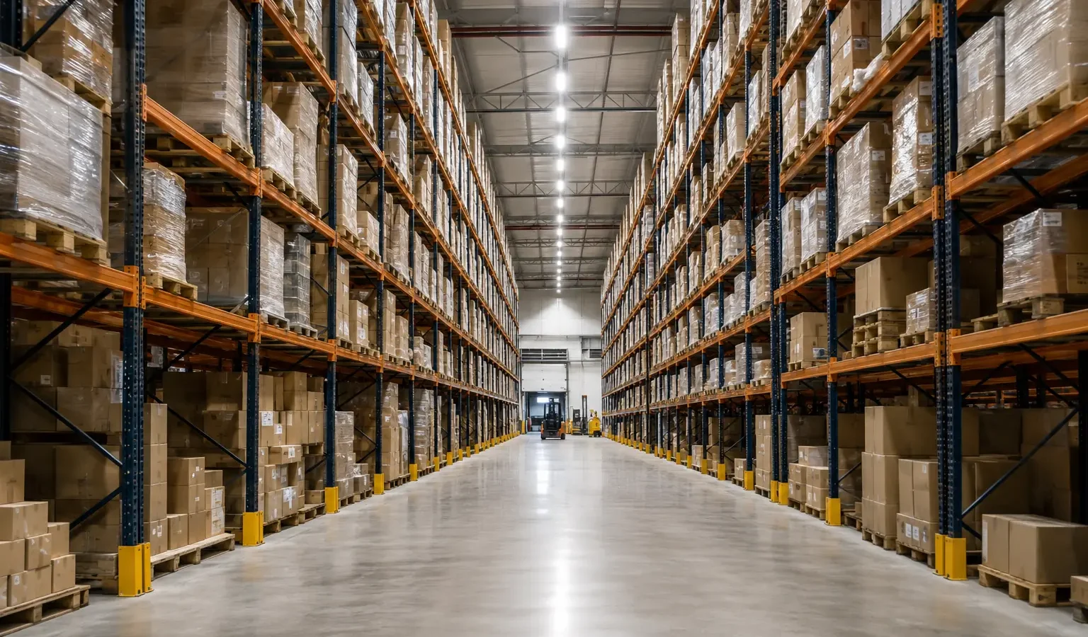 Distribution centre aisle with tall pallet racking and linear LED lighting
