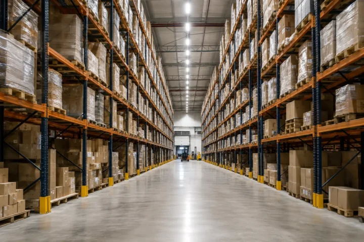 Distribution centre aisle with tall pallet racking and linear LED lighting