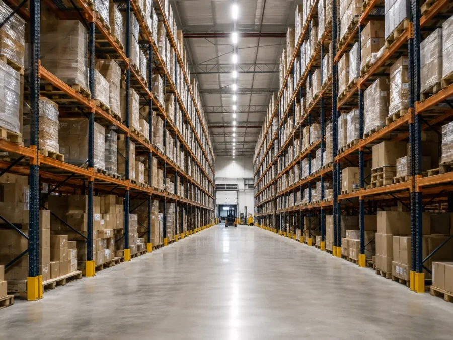 Distribution centre aisle with tall pallet racking and linear LED lighting