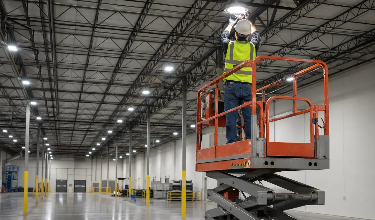 Technician servicing warehouse high-bay lighting from a scissor lift
