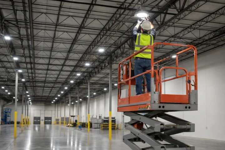 Technician servicing warehouse high-bay lighting from a scissor lift
