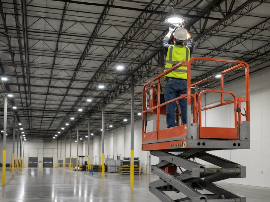 Technician servicing warehouse high-bay lighting from a scissor lift