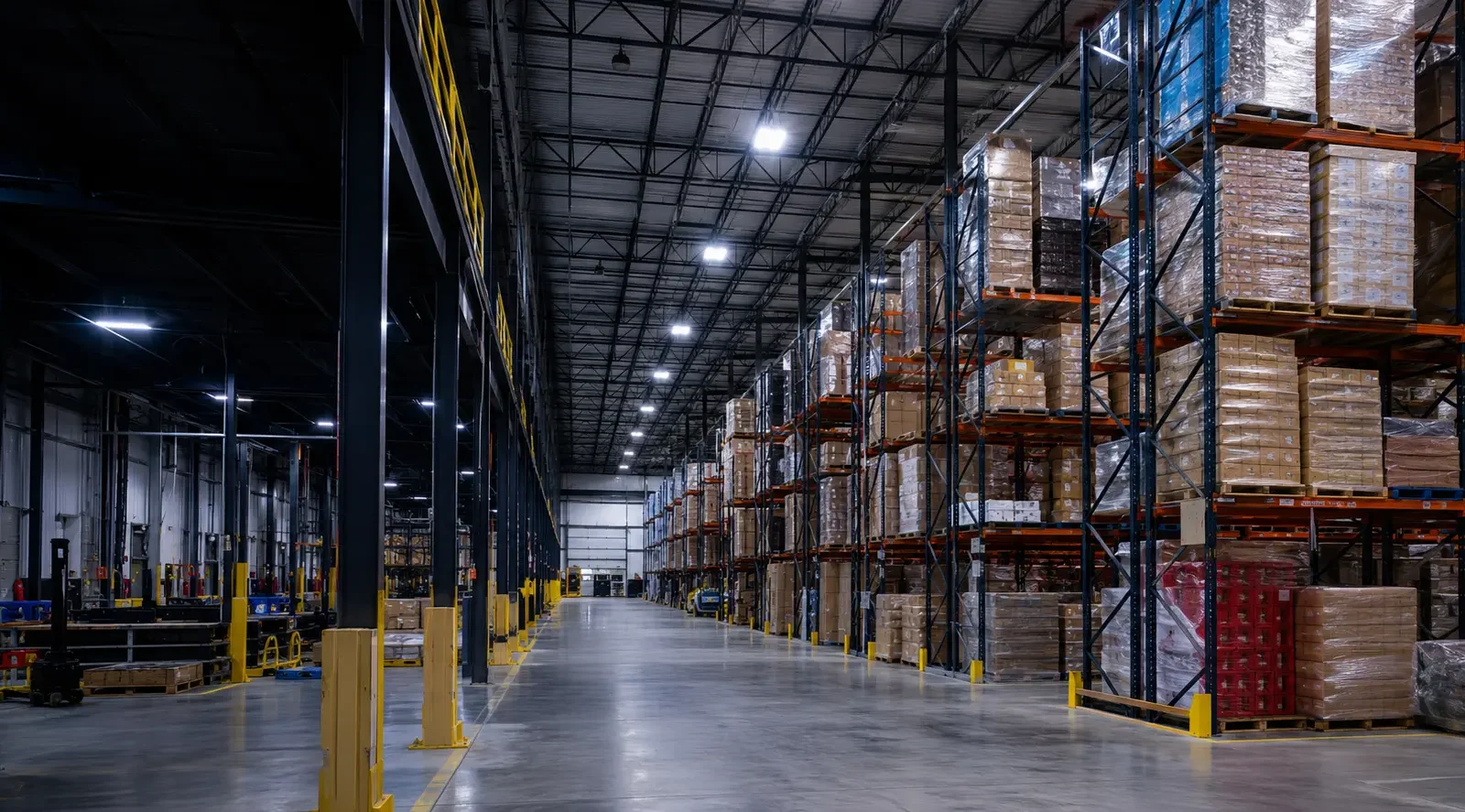 Bright commercial warehouse with LED high-bay lighting and pallet racking
