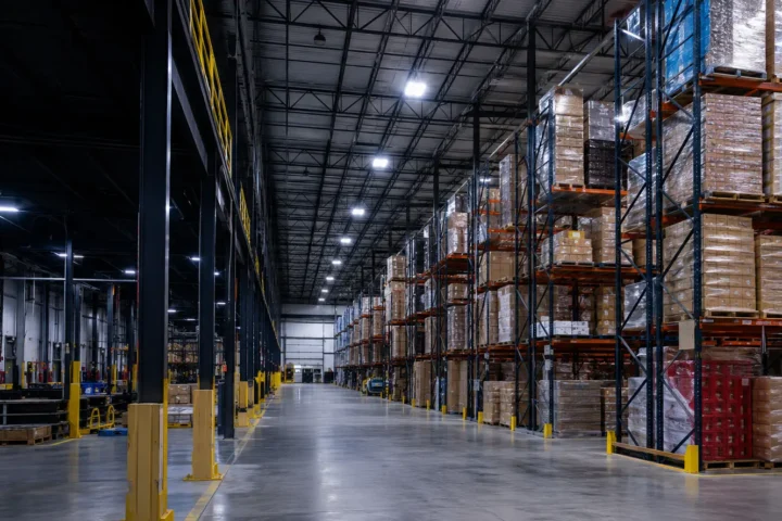 Bright commercial warehouse with LED high-bay lighting and pallet racking