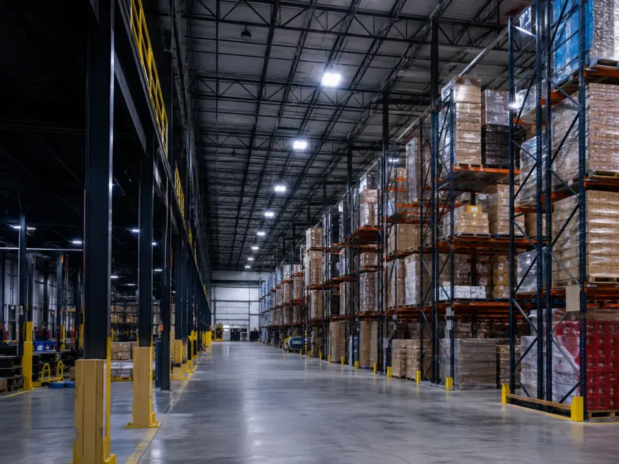 Bright commercial warehouse with LED high-bay lighting and pallet racking