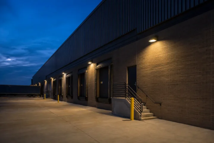 Commercial loading dock and service entrances with shielded exterior lighting