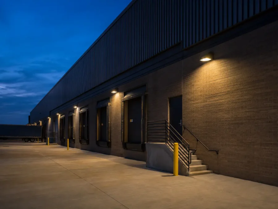 Commercial loading dock and service entrances with shielded exterior lighting