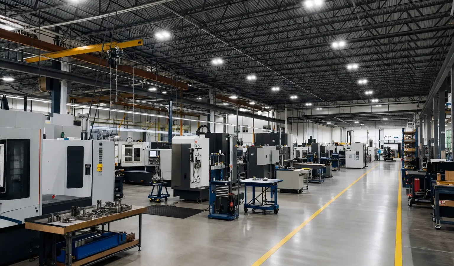 Manufacturing floor with industrial LED lighting above production equipment