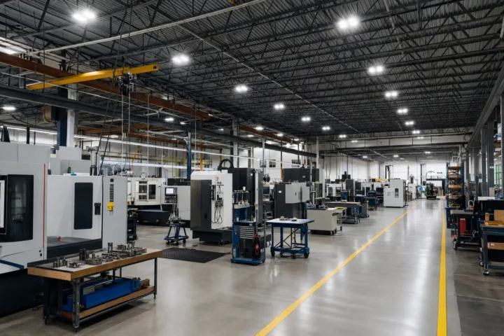 Manufacturing floor with industrial LED lighting above production equipment