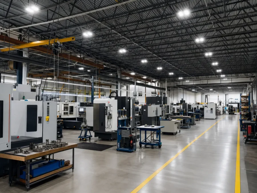 Manufacturing floor with industrial LED lighting above production equipment