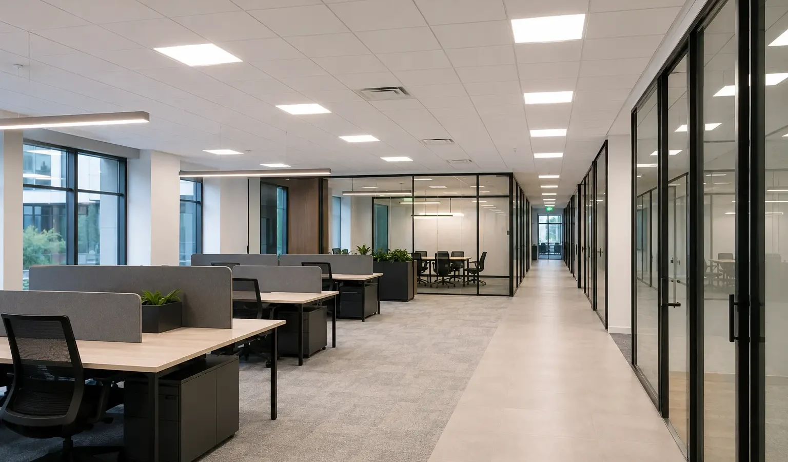 Modern commercial office with uniform LED panel lighting