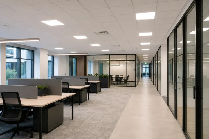 Modern commercial office with uniform LED panel lighting