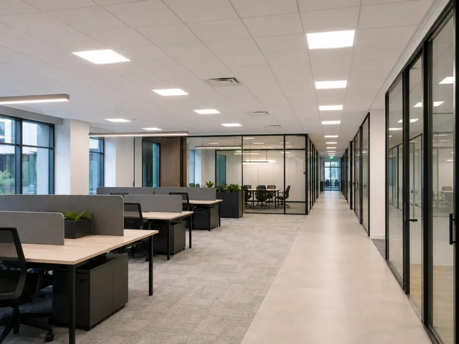 Modern commercial office with uniform LED panel lighting