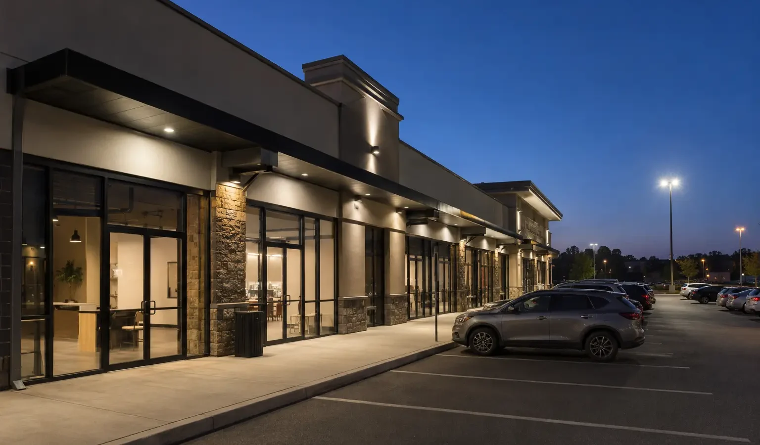 Commercial retail plaza with illuminated storefronts, canopy, walkway, and parking area