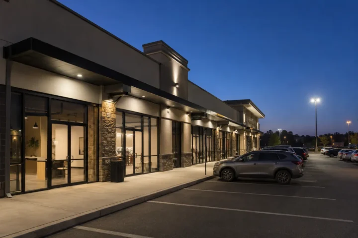 Commercial retail plaza with illuminated storefronts, canopy, walkway, and parking area