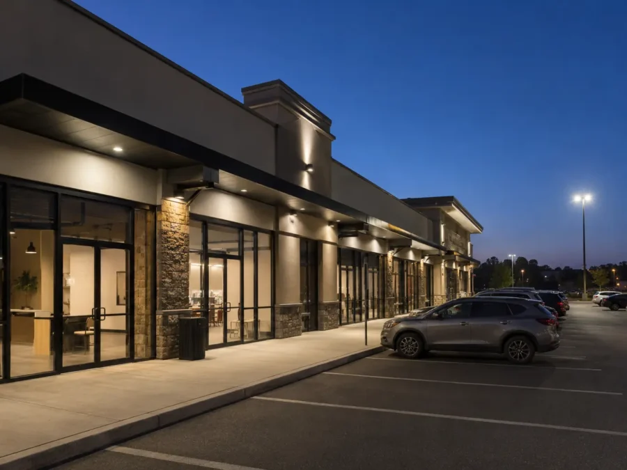 Commercial retail plaza with illuminated storefronts, canopy, walkway, and parking area